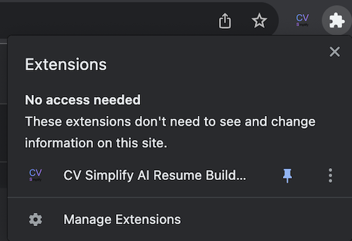 Pinning the CV Simplify extension to browser toolbar